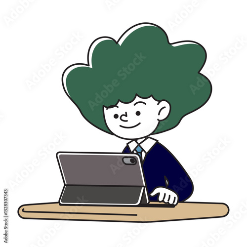 タブレット端末で学習をする笑顔の子供のベクターイラスト