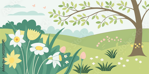 Flower meadow in spring. Spring natural landscape. paper cut and craft style. vector, illustration.
