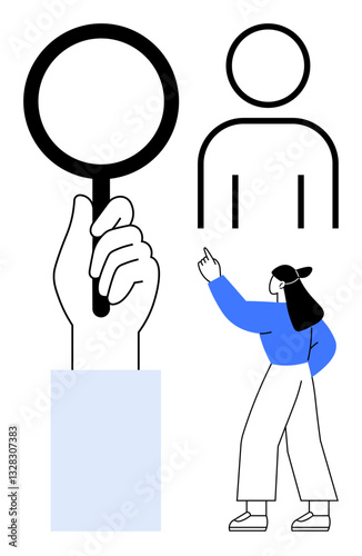 Large magnifying glass held by a hand, abstract human figure, and a character pointing. Ideal for focus, analysis, research, discovery, investigation recruitment and observation. Flat simple