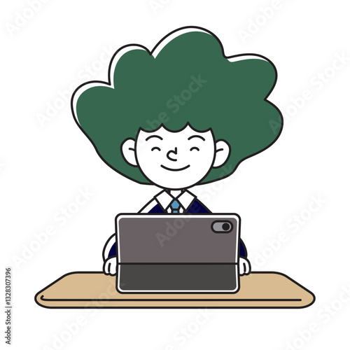 タブレット端末で学習をする笑顔の子供のベクターイラスト