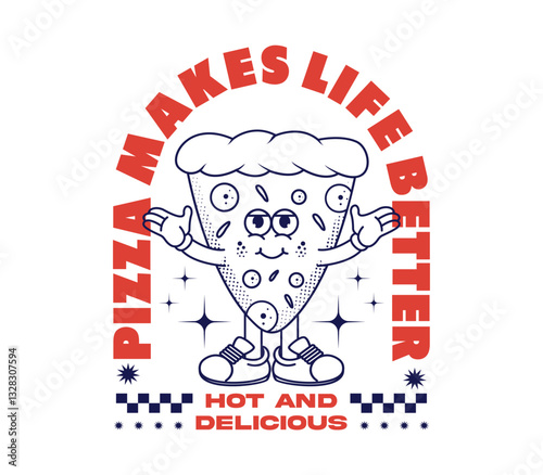 vintage pizza slice cartoon character design, mascot illustration, and vector clip art for t-shirts, stickers, and more