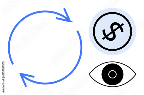 Circular arrows represent process or flow, dollar sign highlights finance or investment, and eye suggests observation, monitoring, or insight. Ideal for business strategy, progress tracking, resource