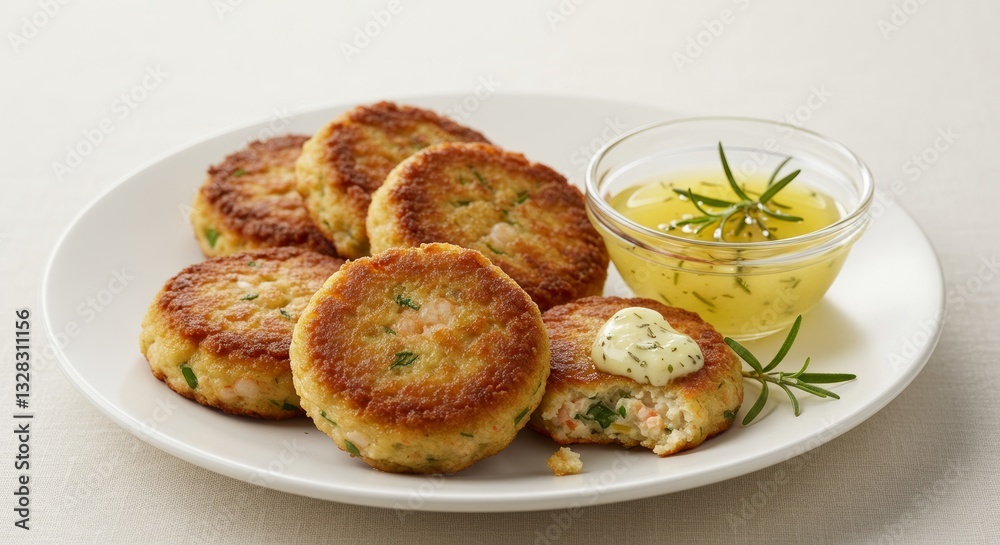 Delicious Golden Brown Shrimp Cakes with Lemon Dill Sauce Appetizer Food Photography Delicious Golden Brown Shrimp Cakes with Lemon Dill Sauce Appetizer Food Photography