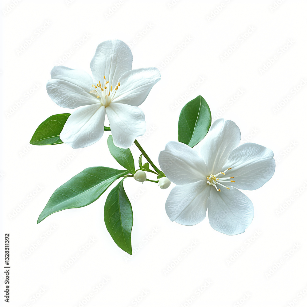 Fototapeta premium Elegant macro shot of white jasmine flowers in bloom, ideal for floral design projects, weddings, invitations, and nature-themed decor.