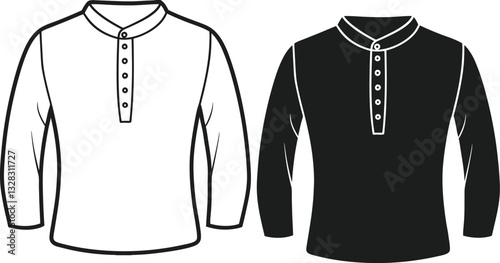 Henley shirt long sleeve and short sleeve, Technical Drawing Flat Drawing Template.