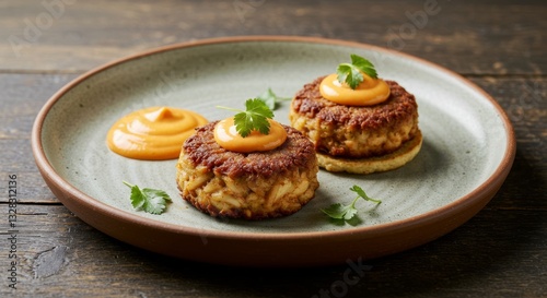 Wallpaper Mural Delicious Crab Cakes with Spicy Sauce on Rustic Plate Gourmet Appetizer Food Photography Torontodigital.ca