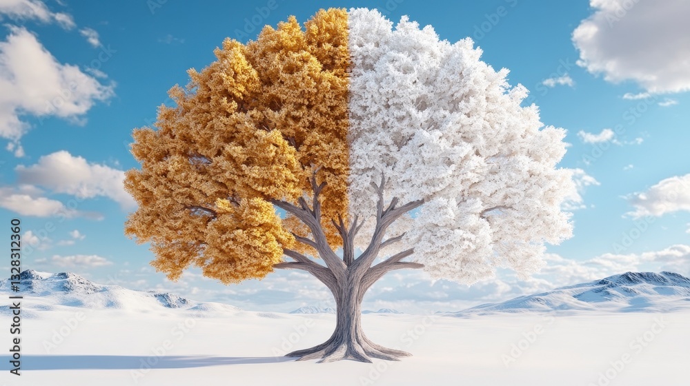 Obraz premium Golden and White Winter Tree in Snowy Landscape