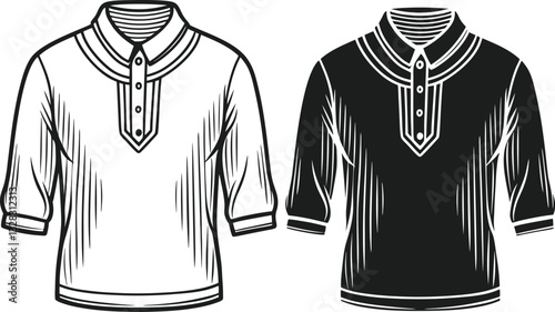 Henley shirt long sleeve and short sleeve, Technical Drawing Flat Drawing Template.