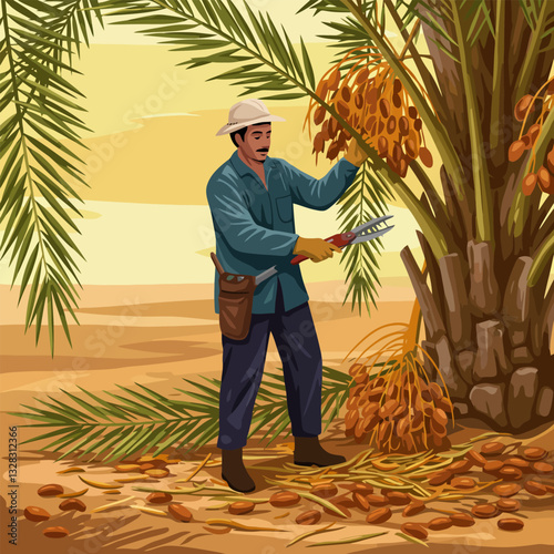 Harvesting Ripe Dates From Palm Tree on Desert Farm