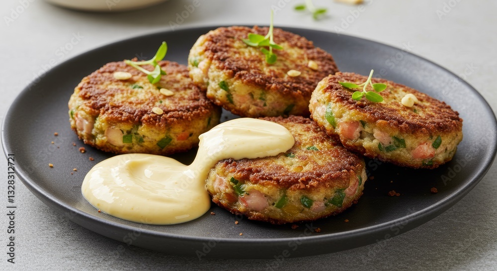 Delicious Crispy Fried Fish Cakes with Creamy Sauce on Dark Plate Delicious Crispy Fried Fish Cakes with Creamy Sauce on Dark Plate