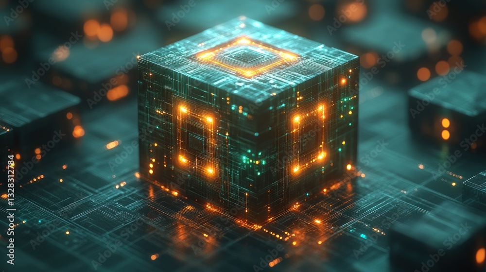 Obraz premium Futuristic glowing cube on circuit board