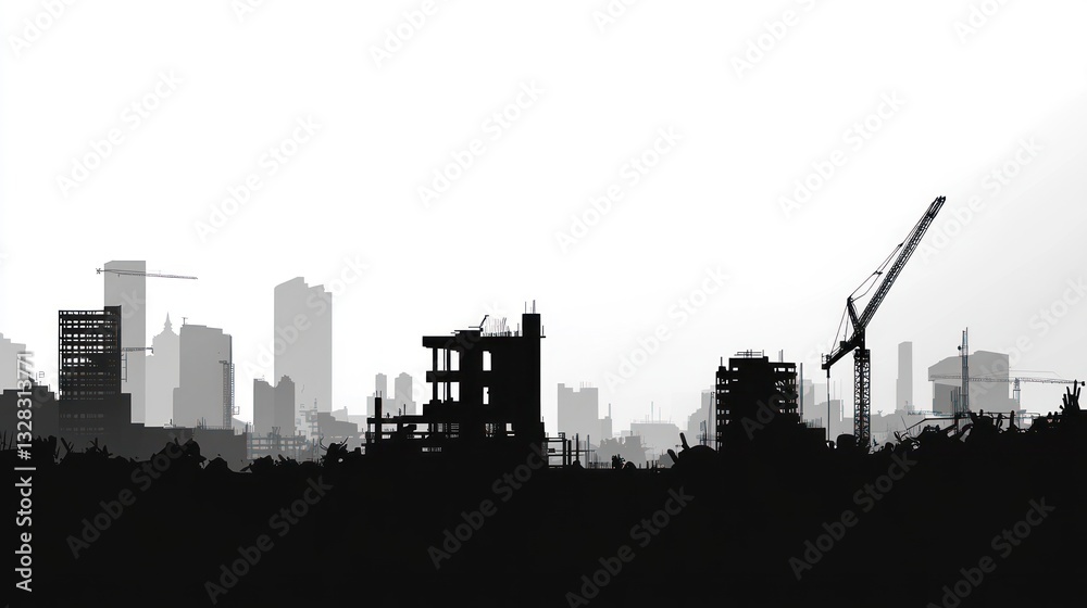 Obraz premium Cityscape under construction, cranes, buildings, urban development, black and white, silhouette