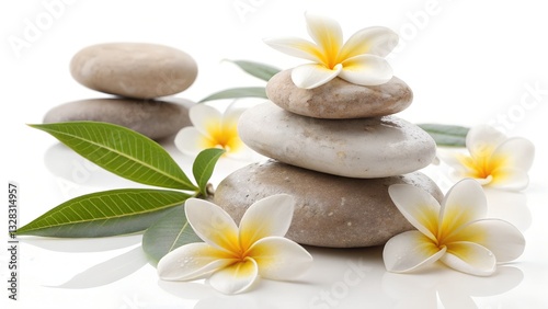 Spa stones with frangipani flowers on white background, spa, stones, frangipani, flowers, relaxation, wellness, aromatherapy
