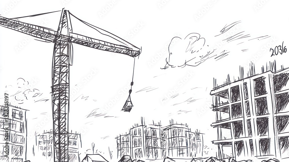 Obraz premium Construction Crane over Building Site Drawing