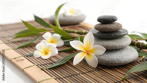 Spa stones and frangipani flowers on a bamboo mat , relaxation, wellness, massage, beauty, therapy, aromatherapy, zen
