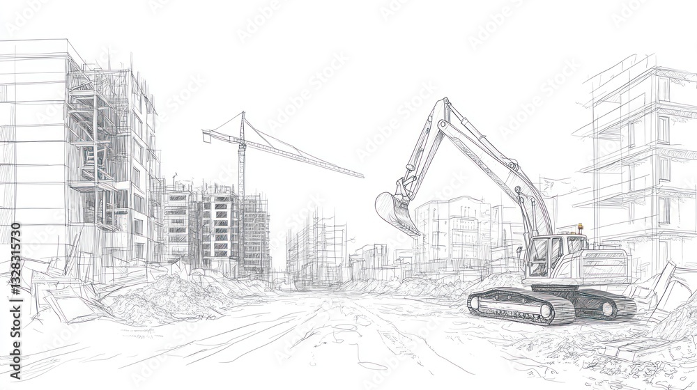 Obraz premium Construction site blueprint, excavator, architectural design