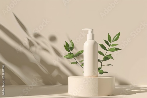 Sharp Picture of Cosmetic Bottle on Beige Podium with Green Plant for Product Display