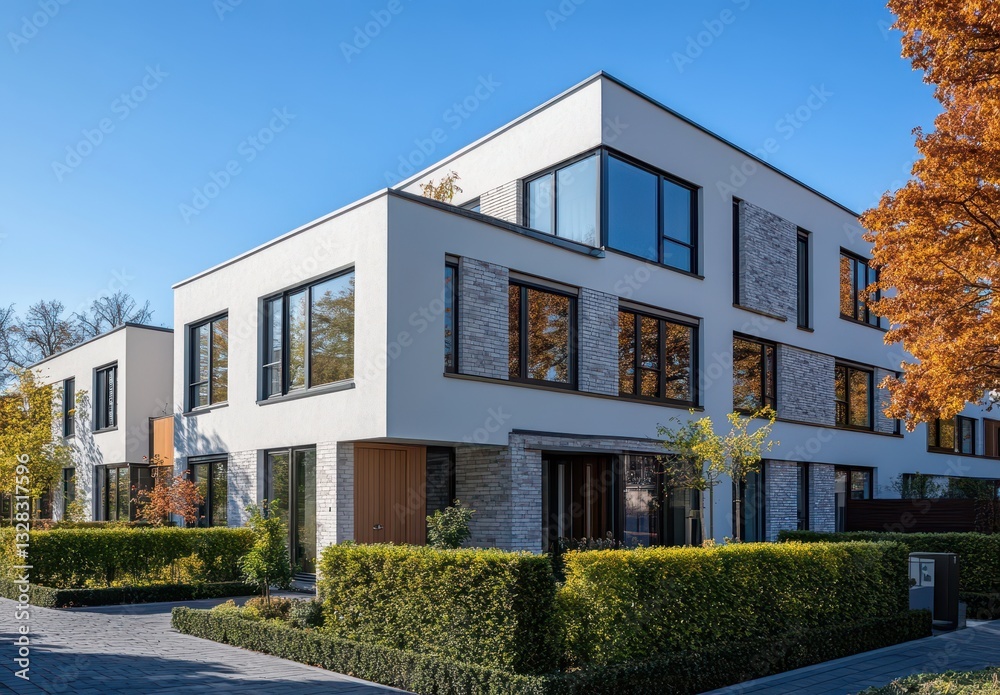 Fototapeta premium Modern residential building with large windows and landscaped yard showcasing contemporary architecture against a clear blue sky