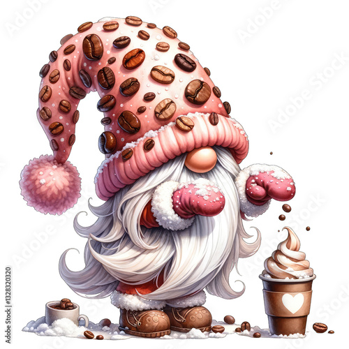 Delight in the Whimsical Charm of a Coffee Gnome Holiday Image A Cute and Festive Illustration Showcasing a Coffee-Themed Gnome Dressed for the Season Explore the Magic of Coffee Culture Combined