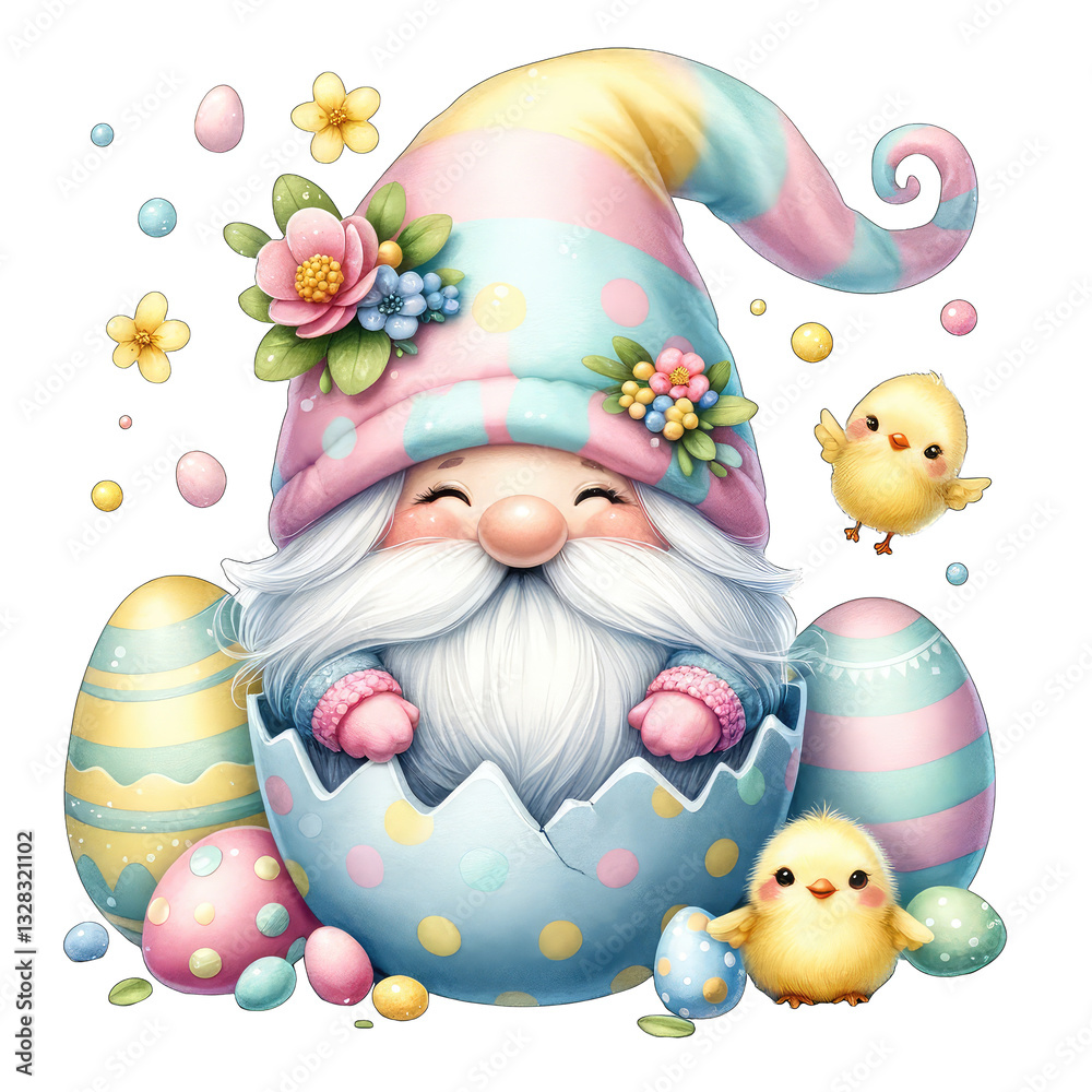 Naklejka premium Delightful Easter Gnome Illustration A Whimsical Celebration of Spring This charming image features a cute gnome nestled inside a cracked Easter egg, surrounded by colorful decorations and adorable