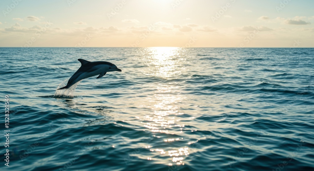 Fototapeta premium Dolphin Leaping at Sunset: A Majestic Ocean Moment Captured in Golden Light
