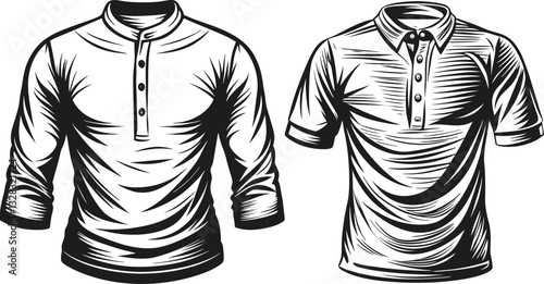 Henley shirt long sleeve and short sleeve, Technical Drawing Flat Drawing Template.