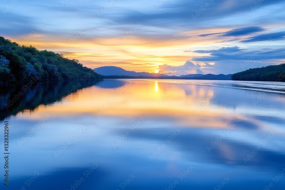 Fototapeta premium Calm water reflecting beautiful sunset with hills and forest in the background