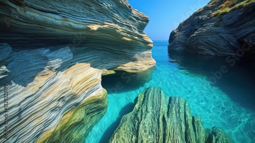 Coastal rock formations, turquoise water, sunny day, travel background