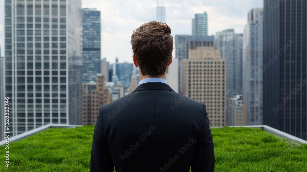 A man in a suit stands on a rooftop, overlooking a cityscape filled with skyscrapers and greenery. A man in a suit stands on a rooftop, overlooking a cityscape filled with skyscrapers and greenery.