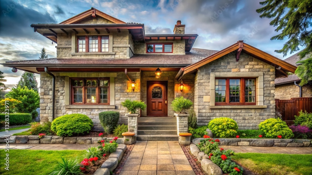 Fototapeta premium Rusticated Concrete Block Home, Early 1900s Architecture, Vintage Building Exterior