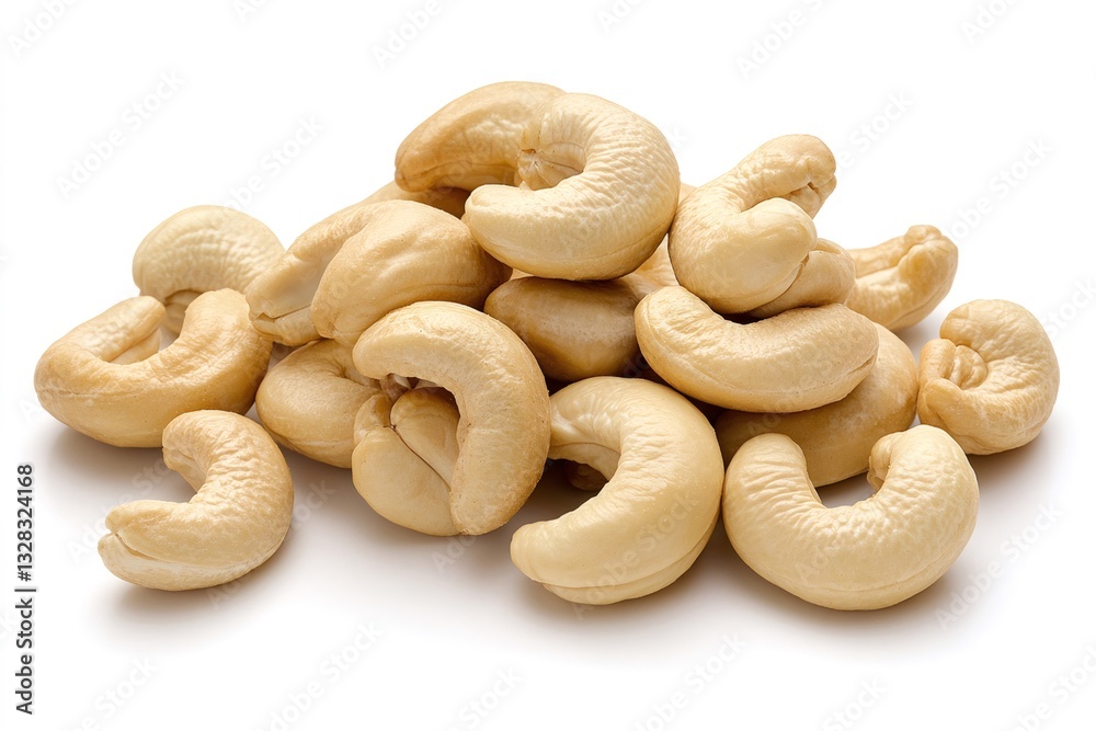 Pile of roasted cashew nuts isolated on white background
