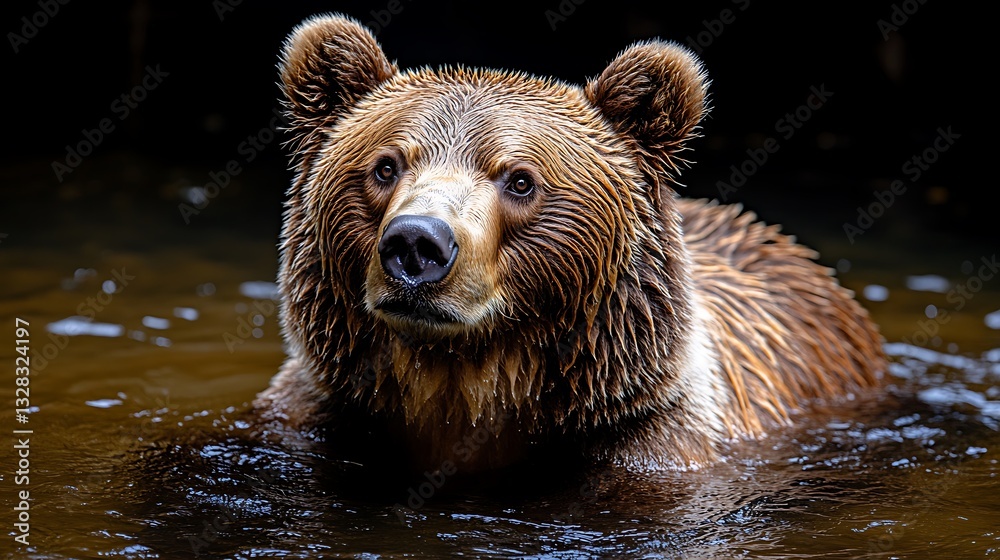 Fototapeta premium Brown bear in water, portrait.