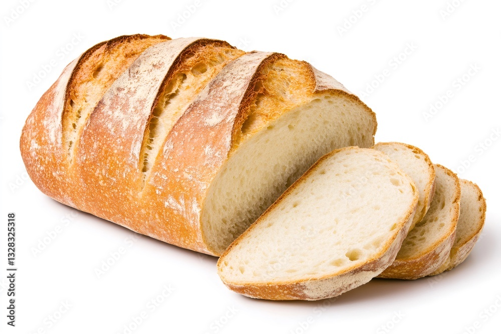 Freshly baked loaf of bread is sliced on white background Freshly baked loaf of bread is sliced on white background