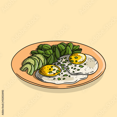 Breakfast plate with eggs, avocado, and spinach
