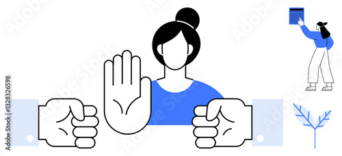 Woman gesturing stop with open hand, surrounded by clenched fists and a distant figure cleaning. Ideal for conflict resolution, workplace policy, equality, boundaries, social awareness, empowerment