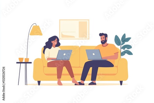 Young Couple Working Remotely from Home Cozy Sofa Laptop Happy Modern Yellow Indoor Office Online   