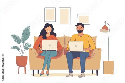 Young Couple Working Remotely from Home Cozy Living Room Laptop Computers Happy Modern Office Indoor
