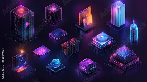 Conceptual Visualization of Public Sector Services Represented in Holographic Icons, Depicting Digital Transformation in Government, Public Services, Technological Innovations