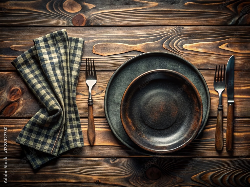 Rustic Dark Ceramic Dinnerware Flat Lay: Earthy Tones & Weathered Wood Rustic Dark Ceramic Dinnerware Flat Lay: Earthy Tones & Weathered Wood