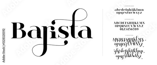 Barista Elegant Font Uppercase Lowercase And Number. Classic Lettering Minimal Fashion Designs. Typography modern serif fonts regular decorative vintage concept. vector illustration