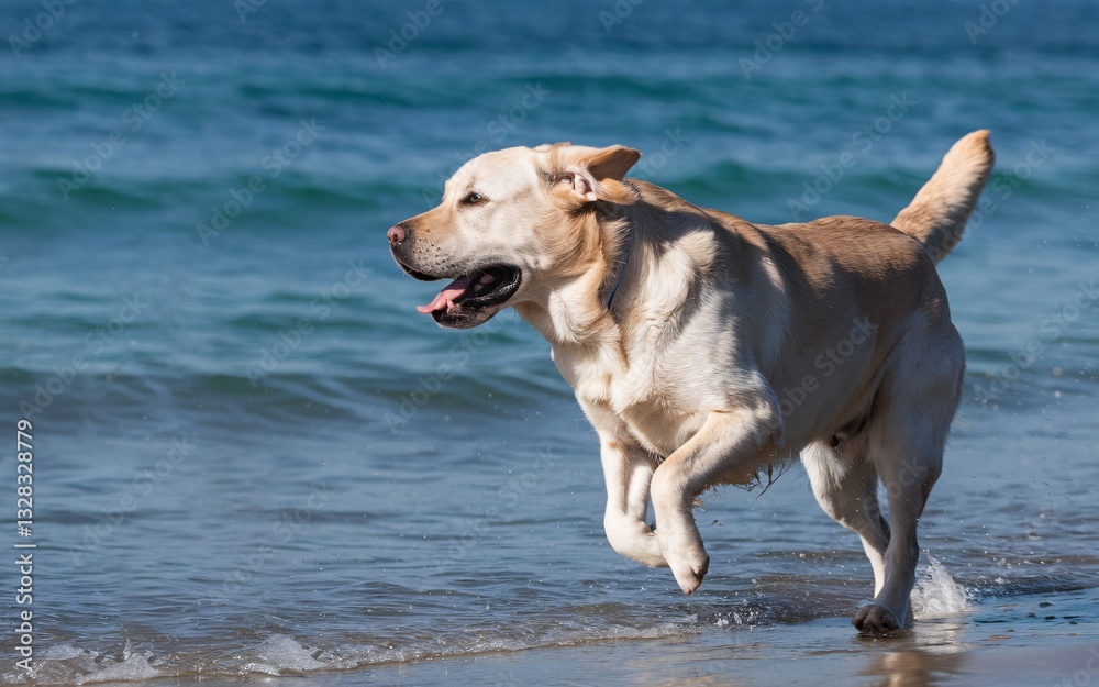 Pet Influencer, Happy Lab Running on Beach Shore Pet Influencer, Happy Lab Running on Beach Shore