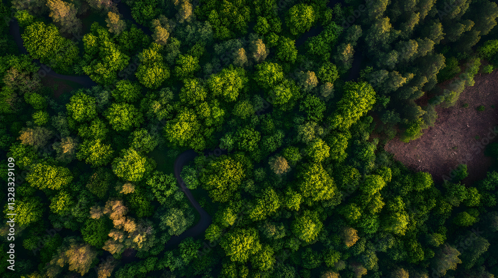 Naklejka premium Aerial view of lush green forest with winding road, showcasing vibrant foliage and natural beauty.