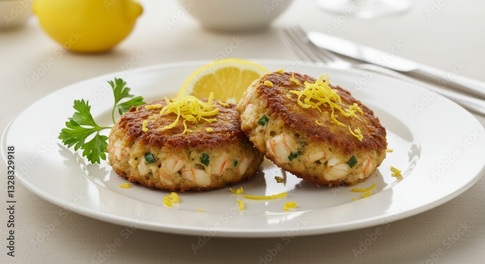Delicious Crispy Fried Crab Cakes with Lemon Garnish Gourmet Seafood Appetizer Delicious Crispy Fried Crab Cakes with Lemon Garnish Gourmet Seafood Appetizer