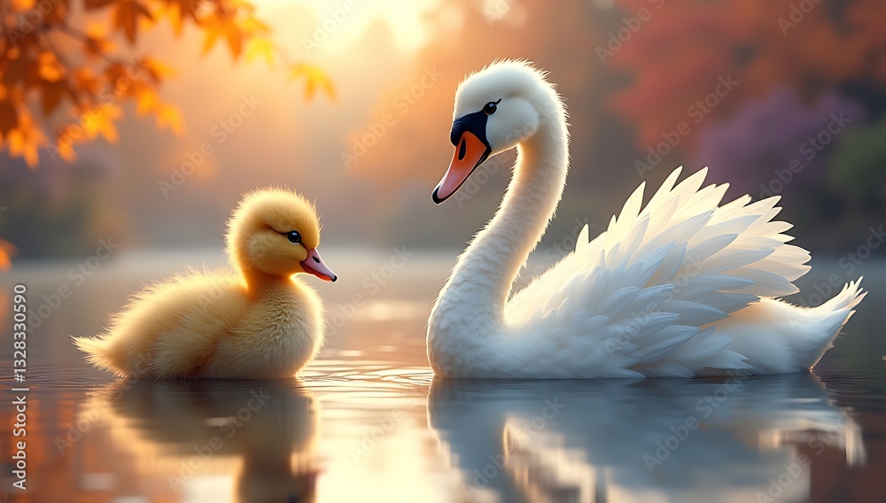 Obraz premium Illustration of the Ugly Duckling gazing at his reflection in a still lake as he transforms into a majestic swan, surrounded by golden autumn leaves and warm sunset colors. 