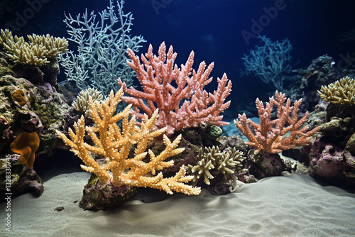 colourful coral reef and coral in a fish tank or the sea