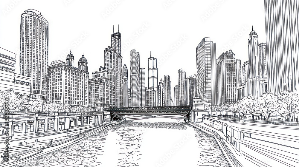 Naklejka premium Chicago Skyline River View Drawing - Architectural Cityscape