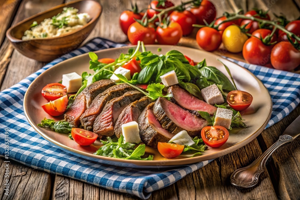 Rustic Lamb Flank Steak Dinner: Checkered Tabletop Photo Rustic Lamb Flank Steak Dinner: Checkered Tabletop Photo