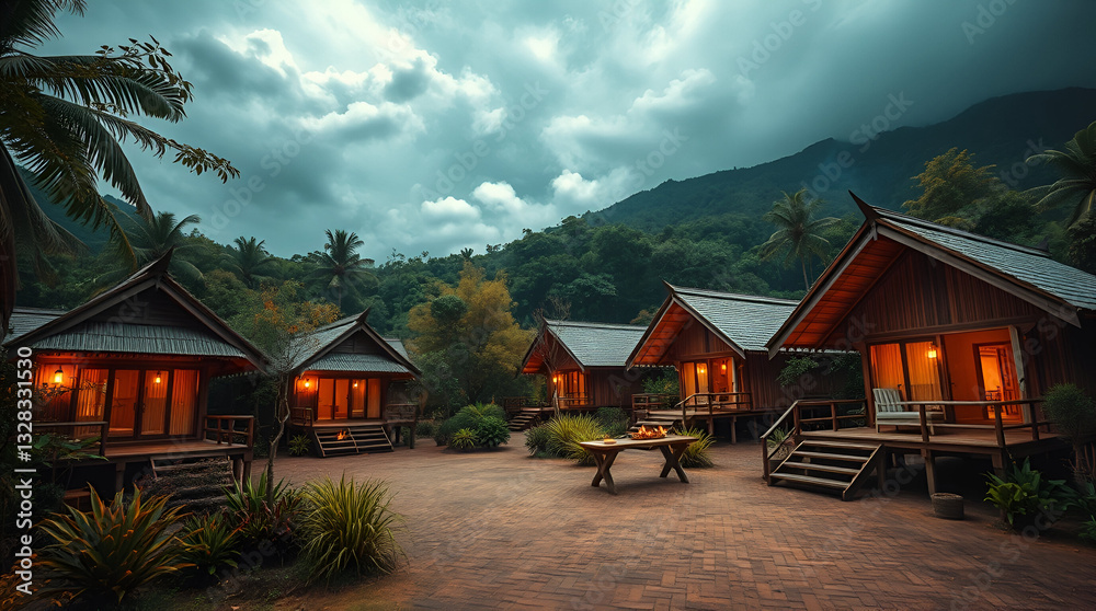 A bright image of Sustainable lodges in a tropical Asian landscape, built using  renewable materials, offering travelers an eco-friendly experience.