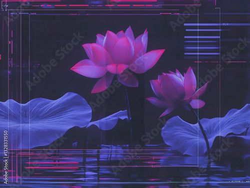 Retro futuristic lotus flower glowing neon light surreal pond dreamy vaporwave aesthetic digital art cyberpunk nature fantasy mystic bloom ethereal luminous petals nostalgic 1980s sci fi film look