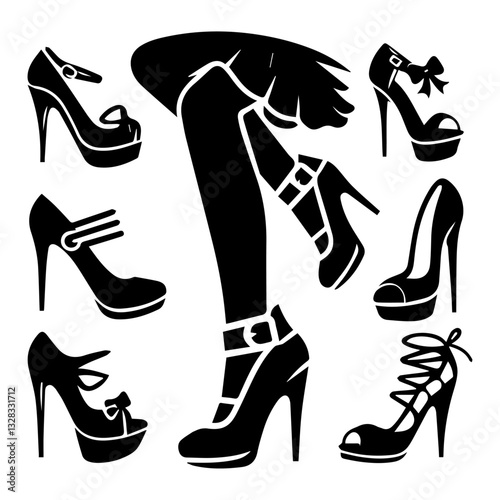 vector illustration of a pair of shoes & female shoe with high heels